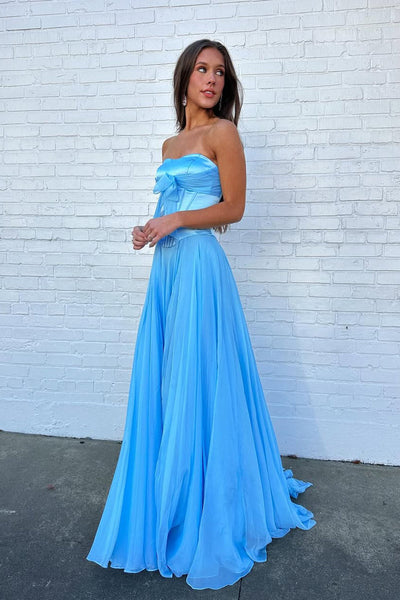 A Line Strapless Blue Chiffon Prom Dress with Bow DM1111408