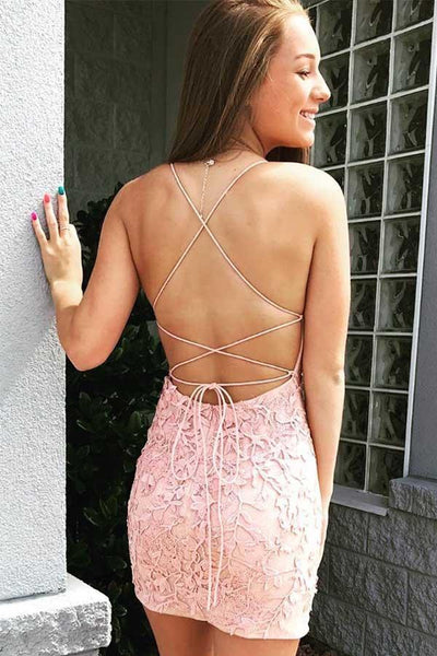 Pink Bodycon Scoop Neck Lace Short Homecoming Dresses LD30802607