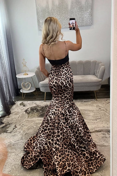 Mermaid V Neck Leopard Satin Prom Dress with Bow DM52120305