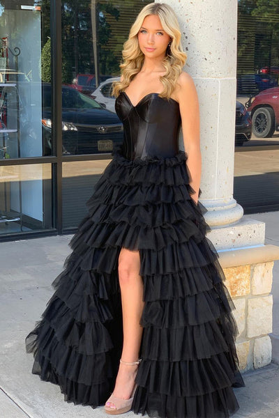 Black Sweetheart Ruffle Tiered Long Prom Dress MD122304