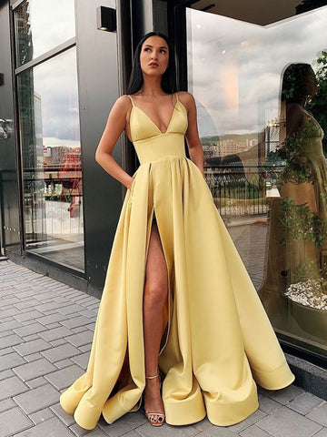 Glamorous A-Line V Neck Straps Yellow Satin Long Prom Dresses,Formal Evening Dresses MD4031706