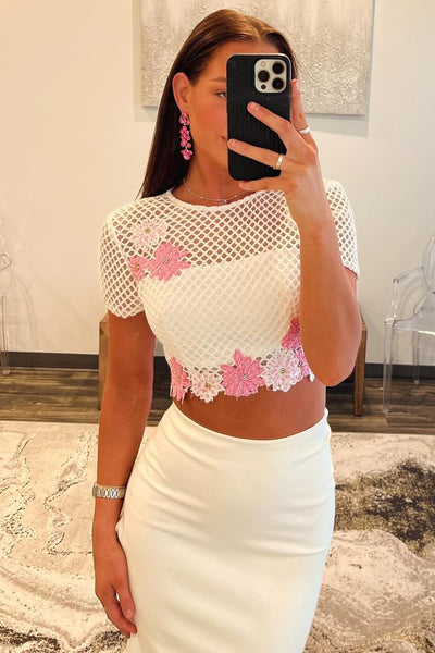 White Two Piece Short Sleeves Lace Long Prom Dress MD4032605