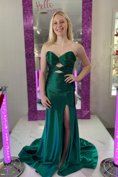 Cute Sparkly Mermaid Sweetheart Green Satin Slit Prom Dress with Beading DM24121707