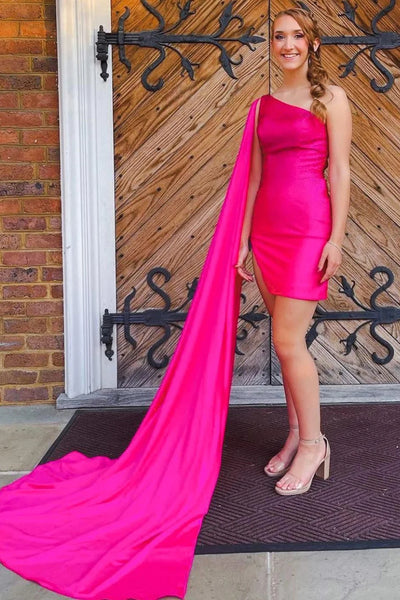 Sparkly Fuchsia Satin One Shoulder Watteau Train Tight Homecoming Dress LD3062408
