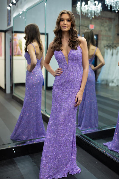 Mermaid V Neck Purple Sequins Long Prom Dress MD4020704