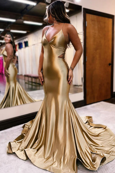 Gold V Neck Mermaid Long Prom Dress with Cutout MD120605