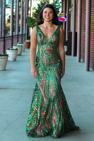 Sparkly Mermaid V Neck Green Sequins Lace Prom Dresses DM24102102