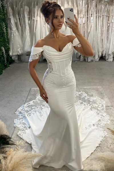 Mermaid Off the Shoulder Elastic Satin Wedding Dress with Appliques DM52112708