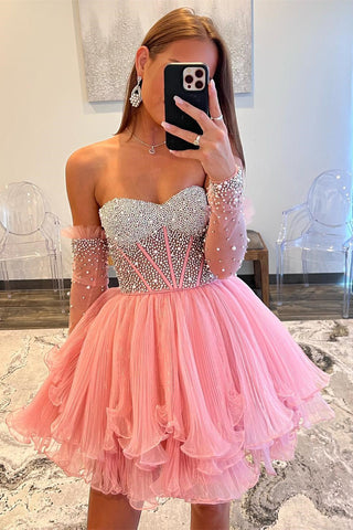 Pink Beaded Strapless A-line Ruffle Layers Homecoming Dress with Detachable Sleeves MD090505