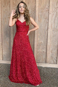 V-Neck Straps Red Sequins Long Prom Dress MD121807