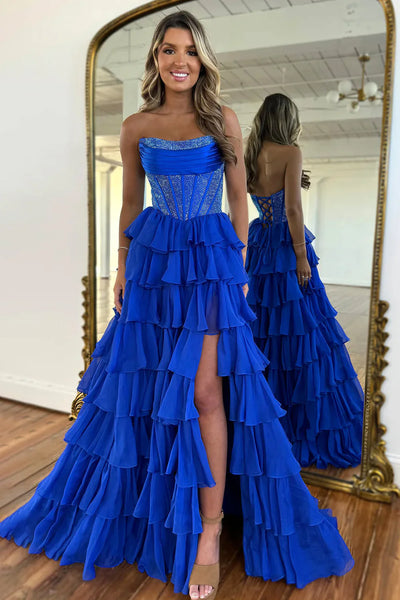 A-Line Scoop Neck Light Blue Tiered Long Prom Dress with Beadings DM260105