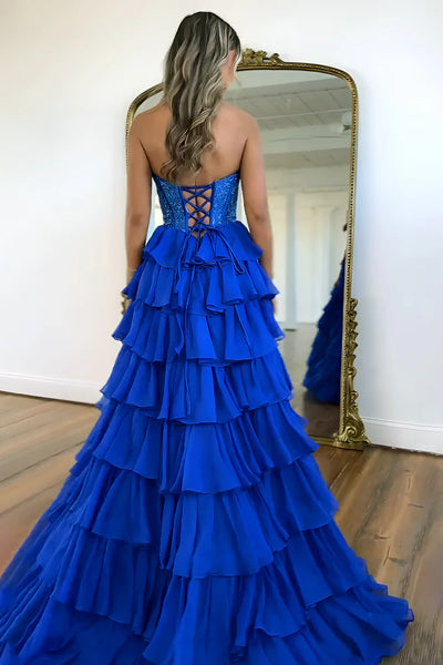 A-Line Scoop Neck Light Blue Tiered Long Prom Dress with Beadings DM260105
