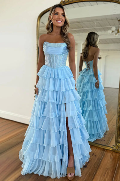A-Line Scoop Neck Light Blue Tiered Long Prom Dress with Beadings DM260105