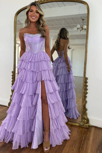 A-Line Scoop Neck Light Blue Tiered Long Prom Dress with Beadings DM260105