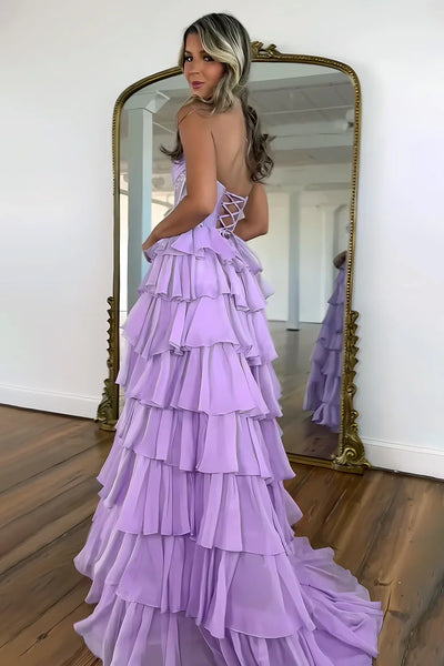 A-Line Scoop Neck Light Blue Tiered Long Prom Dress with Beadings DM260105