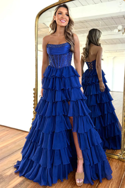 A-Line Scoop Neck Light Blue Tiered Long Prom Dress with Beadings DM260105