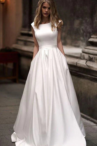 Elegant A-Line Round Neck Satin Wedding Dresses with Pockets LD210403