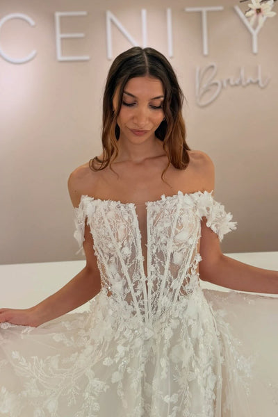 A-Line Off the Shoulder Tulle Lace Wedding Dresses with 3D Flower Appliques DM26102805