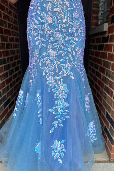 Glitter Blue Mermaid Long Tulle Prom Dress with Lace DM3082711
