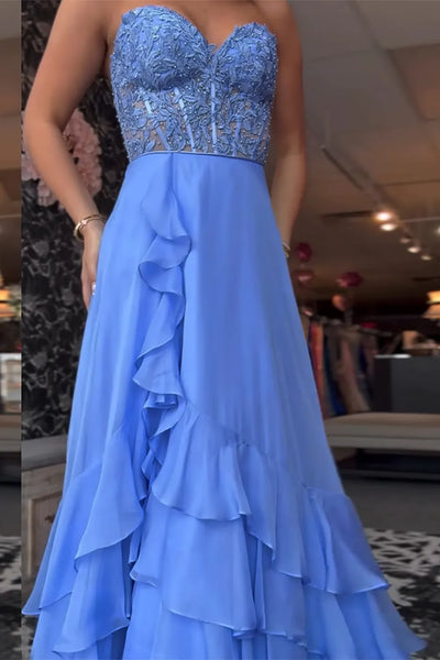 A Line Sweetheart Blue Chiffon Tiered Long Prom Dresses DM25052707