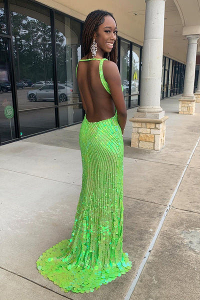 Green V Neck Sequins Mermaid Long Prom Dress with Slit MD4032005