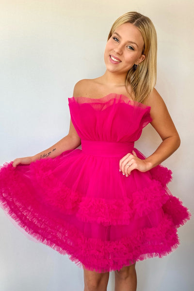 Fuchsia Strapless Tiered Tulle Short Homecoming Dresses DM4080715