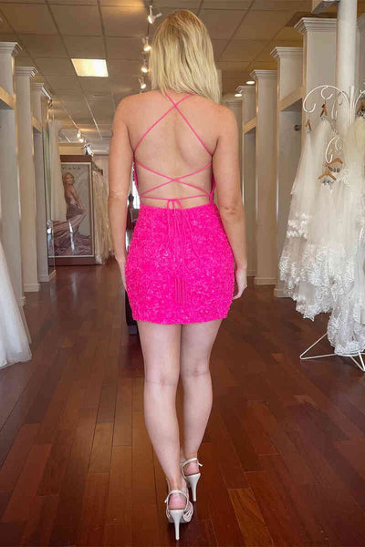 Scoop Neck Hot Pink Sequins SHort Homecoming Dress MD091609