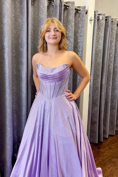 A-Line Strapless Pleats Lilac Satin Long Prom Dress with Beadings DM16021505