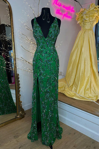 V Neck Dark Green Sequins Lace Mermaid Long Prom Dress with Slit MD4032803