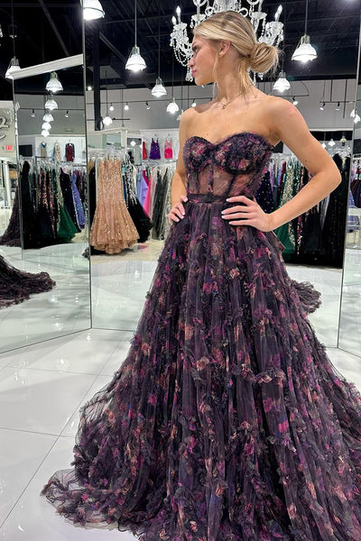 Black Strapless Floral Printed Tulle Long Prom Dress MD4030905