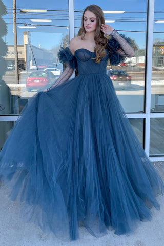 Princess Navy Blue Tulle Sweetheart Long Prom Dress with Detachable Sleeves MD092706