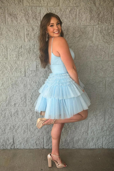 Sparkly Light Blue A-Line Tulle Tiered Short Homecoming Dress MD090303