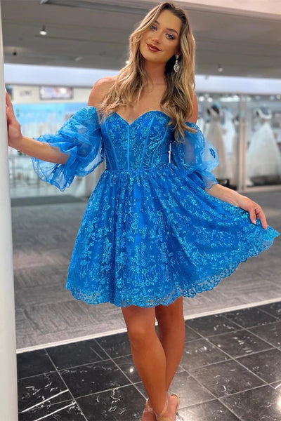 Blue Lace Sweetheart A-Line Homecoming Dress with Balloon Sleeves LD3070705