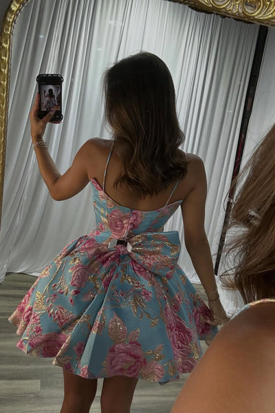 A Line Spaghetti Straps Jacquard Satin Homecoming Dress DM12062813