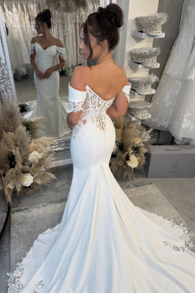 Mermaid Off the Shoulder Elastic Satin Wedding Dress with Appliques DM52112708