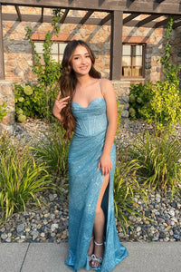 Charming Mermaid Sweetheart Teal Glitter Satin Prom Dresses with Slit DM050602