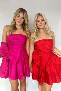 A Line Strapless Fuchsia Satin Big Bow Homecoming Dresses DM24080205