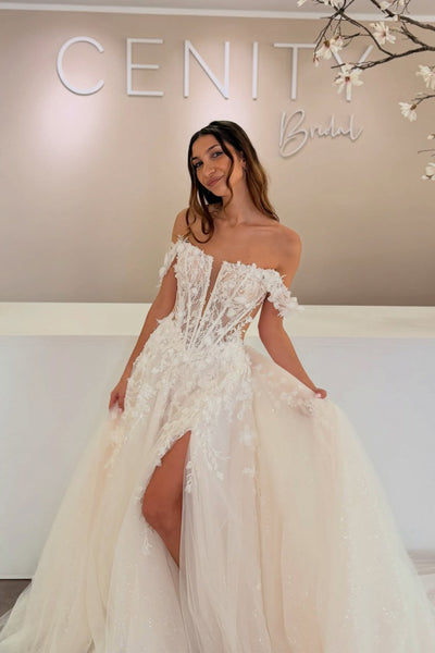 A-Line Off the Shoulder Tulle Lace Wedding Dresses with 3D Flower Appliques DM26102805