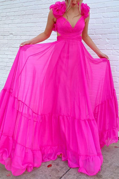 Trendy A Line V Neck Fuchsia Long Prom Dress with 3D Flowers MD121701