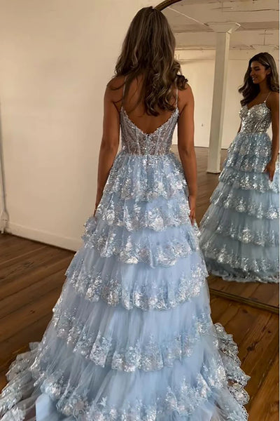 Sparkly Light Blue Spaghetti Straps Tiered Lace Long Corset Prom Dress DM3082805