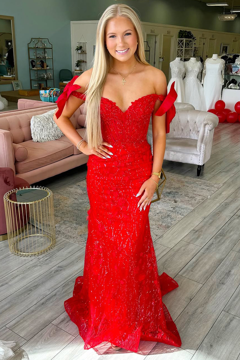 Fashion Mermaid Off the Shoulder Red Sequins Prom Dress DM25012905