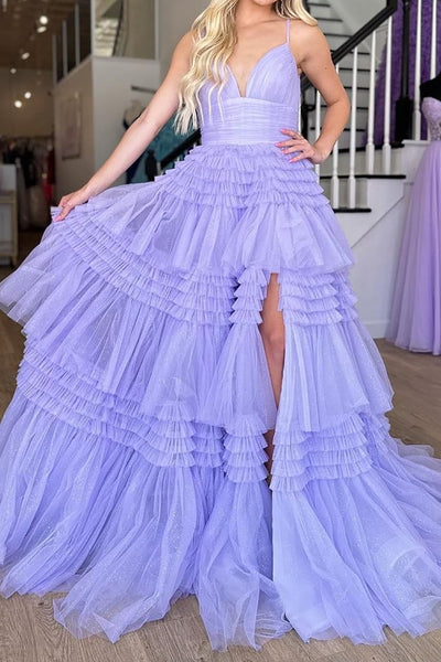 Gorgeous A Line Spaghetti Straps Lavender Long Prom Dress with Ruffles MD121702