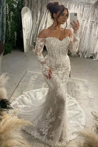 Gorgeous Mermaid Off the Shoulder Long Sleeves Tulle Appliques Wedding Dresses DM16022301