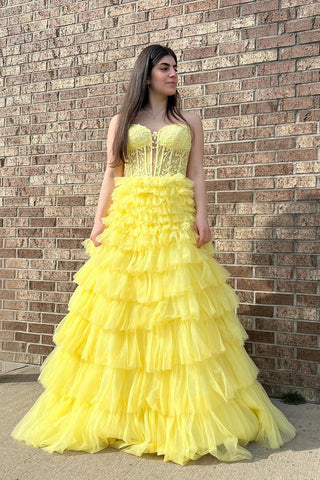 Yellow Sweetheart Tiered Tulle Long Prom Dress with Appliques MD4022904