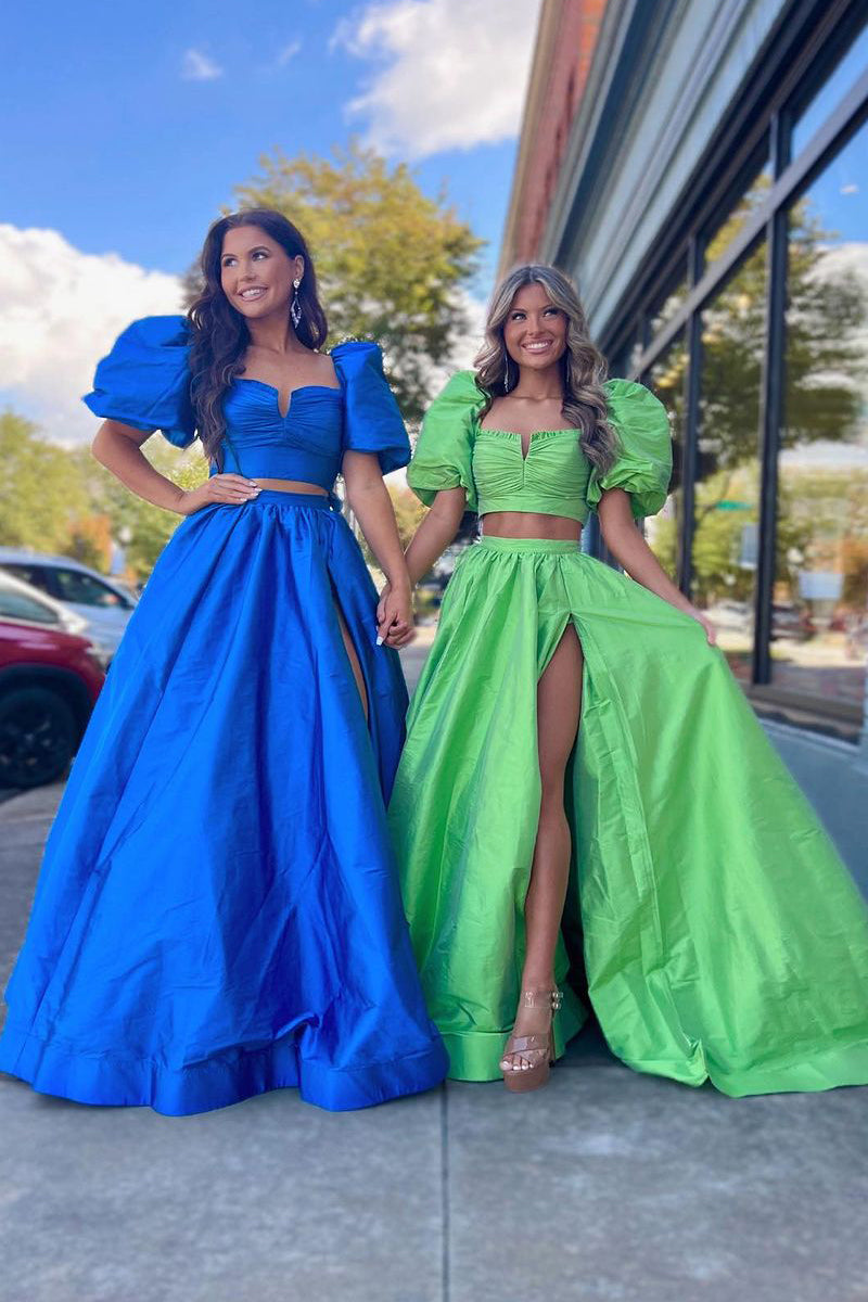 Two Piece Royal Blue Balloon Sleeves Long Prom Dress with Slit MD112601