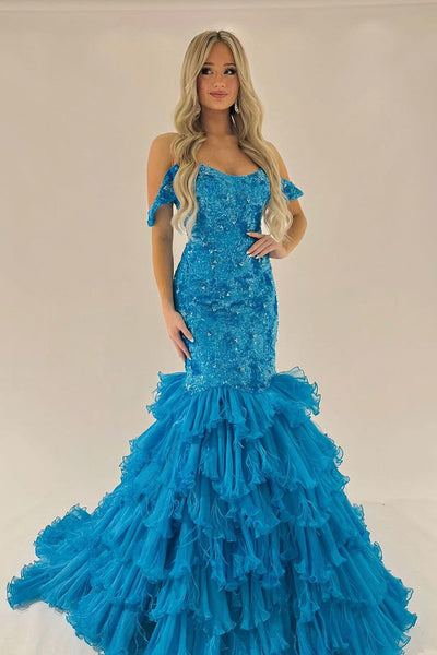 Dazzling Mermaid Off the Shoulder Sequins Long Prom Dresses with Ruffles MD4062313