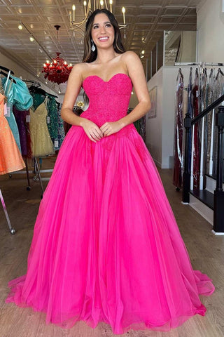 Hot Pink Tulle Lace Strapless A-Line Long Prom Dress MD103001