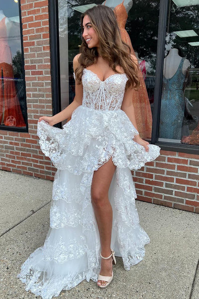 White  Off the Shoulder Sequins Lace Ruffle Tiered Long Prom Dress with Slit MD4032505