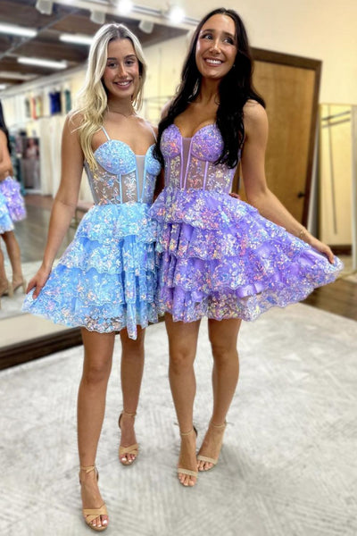 Light Blue Sweetheart Ruffule Tiered Short Homecoming Dresses with Appliques DM24071306