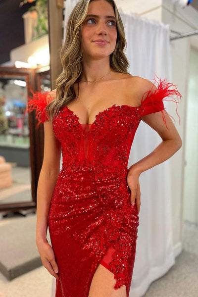 Red Off the Shoulder Sequin Lace Mermaid Prom Dresses with Feather MD4011102